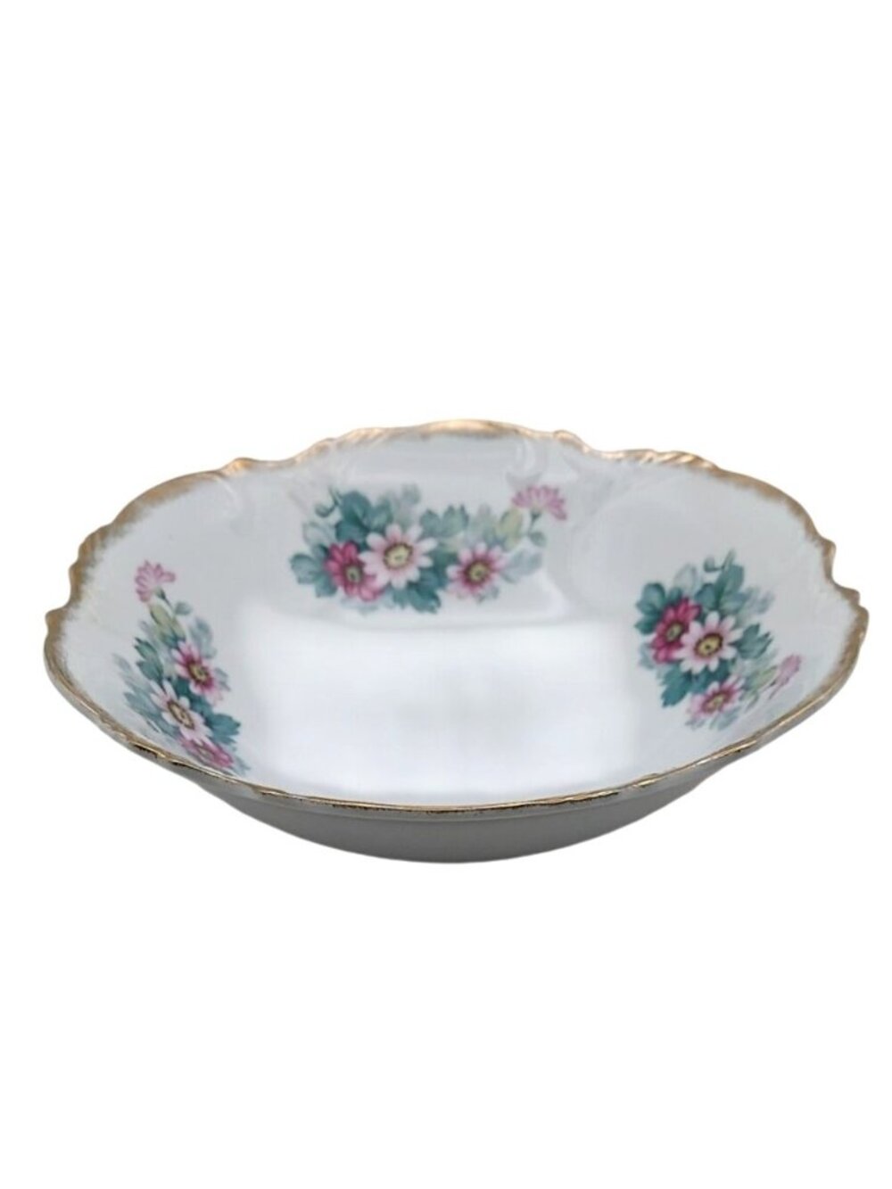 Vintage Porcelain Floral Serving Bowl 8" Daisies Scalloped Gold Trim Formal